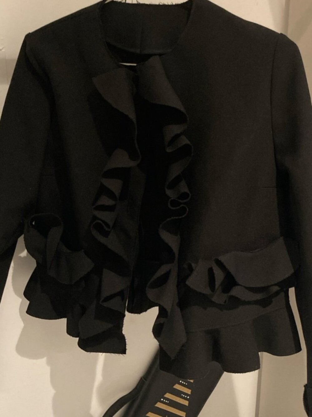 MSGM Black Ruffle Button Blazer Women's Lined Long Sleeve Short Suit Jacket